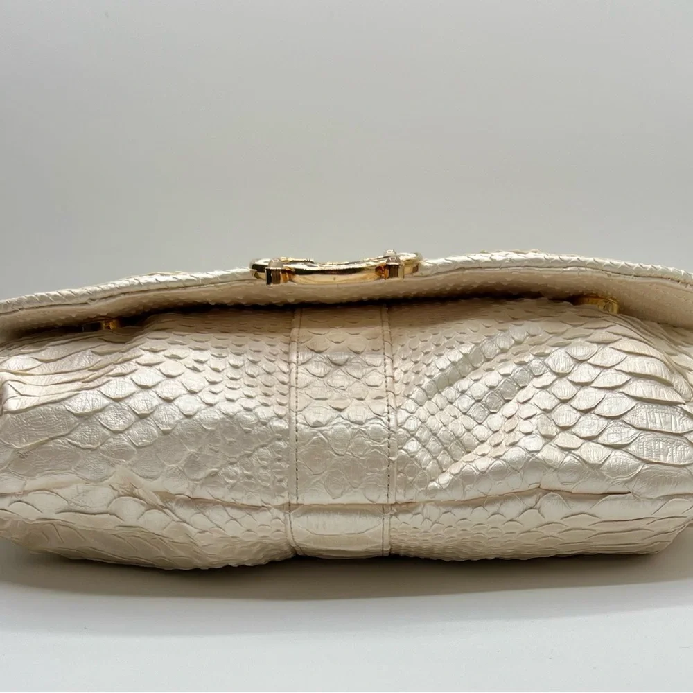 Cream and Gold Textured Shoulder Bag with Chain Handle